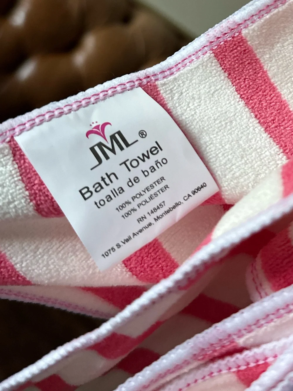 JML Lightweight Beach or Bath Striped Pink and White Towel